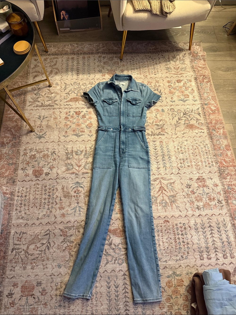 Good American Light Blue Denim Short-Sleeve Jumpsuit